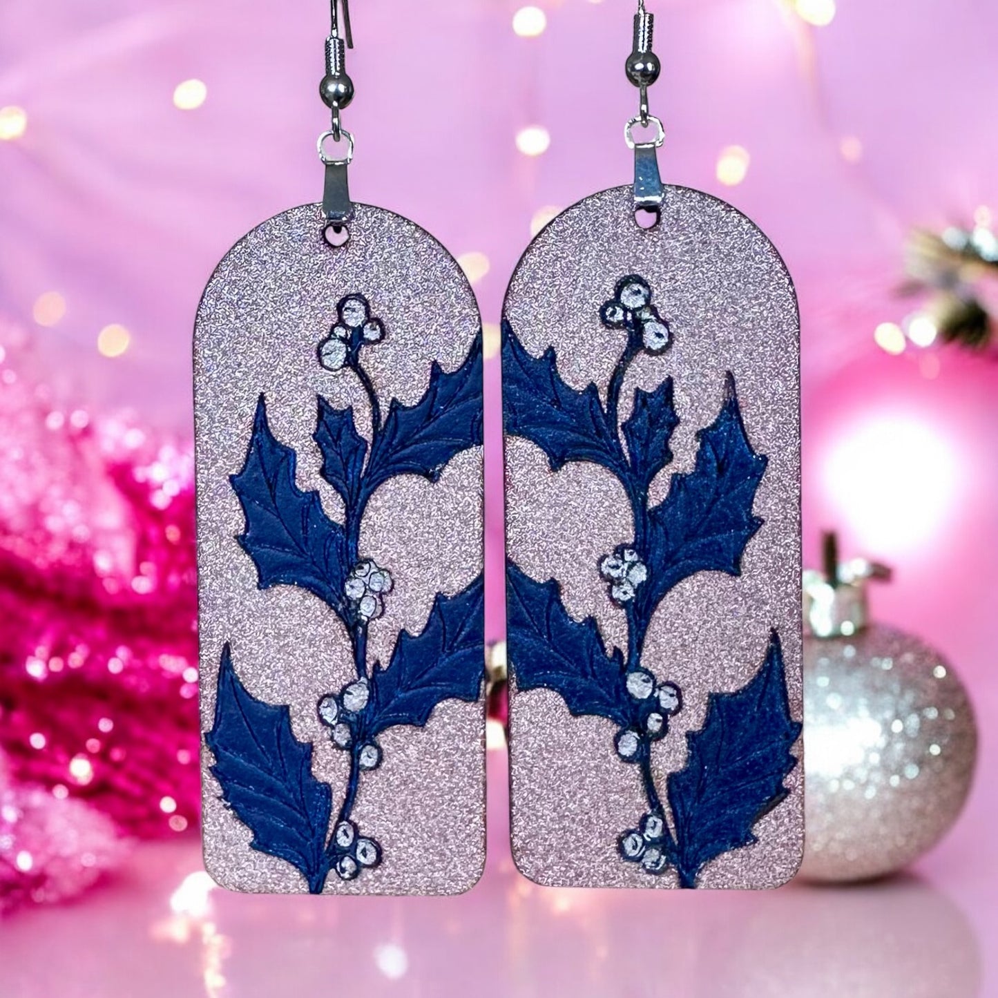 Metallic Pink and Navy Blue Holly Leaf Earrings