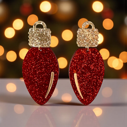 Red Glitter Holiday Light Bulb Earrings