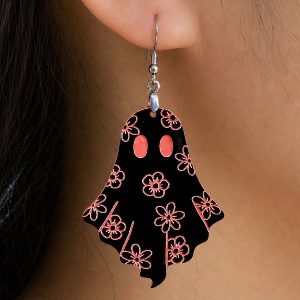 Neon Pink and Black Floral Ghost Earrings