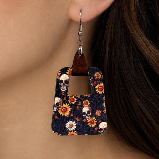 Skulls and Sunflowers Dangle Earrings